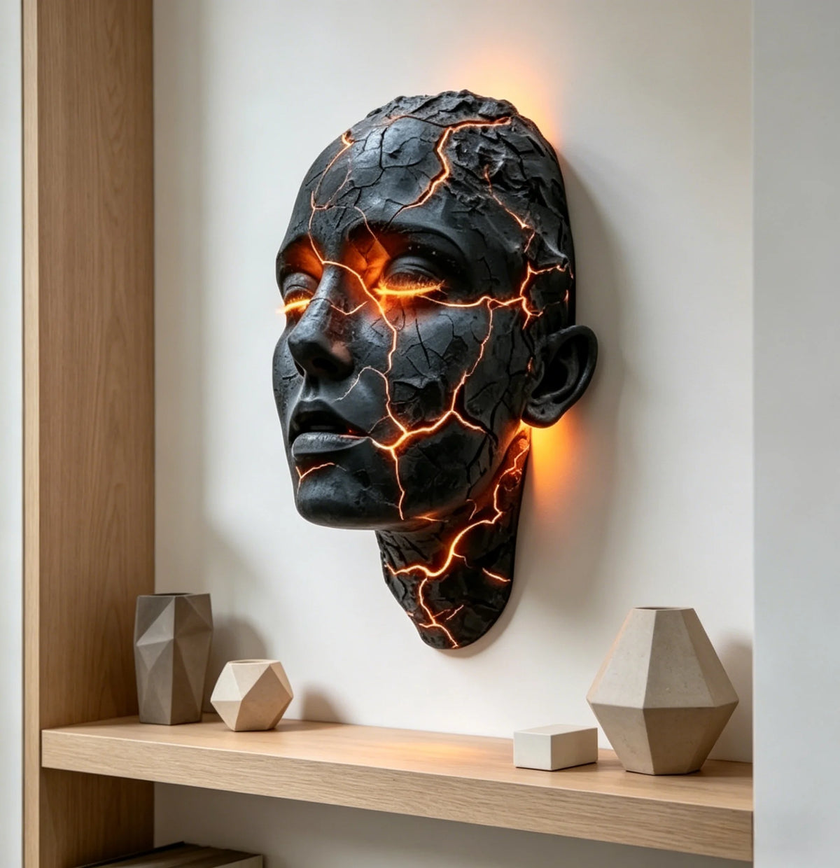 A dark, cracked face sculpture illuminated by warm orange light mounted on a white wall.