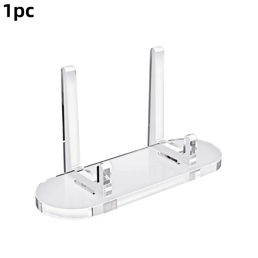 A clear acrylic photo and card display stand with multiple vertical holders.