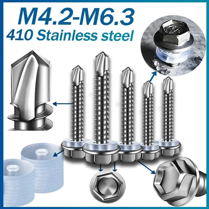 Self-Drilling Roofing Screws with Rubber Washer - Stainless Steel Hex Head