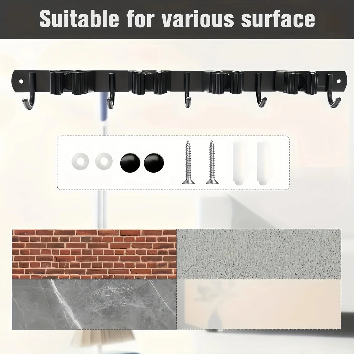 Black heavy-duty wall-mounted tool rack with 4 slots and 5 hooks shown against various surfaces.