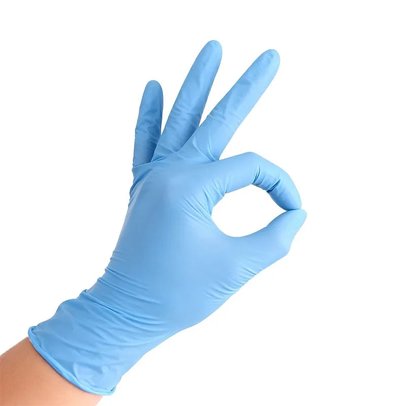 A hand wearing a light blue nitrile disposable glove making a peace sign.