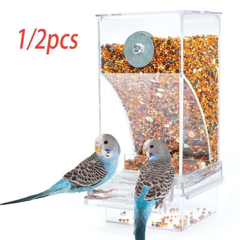 Clear acrylic bird feeder and waterer filled with seeds for parakeets