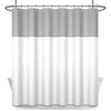 A shower curtain featuring a two-tone geometric stripe pattern of light gray and white.
