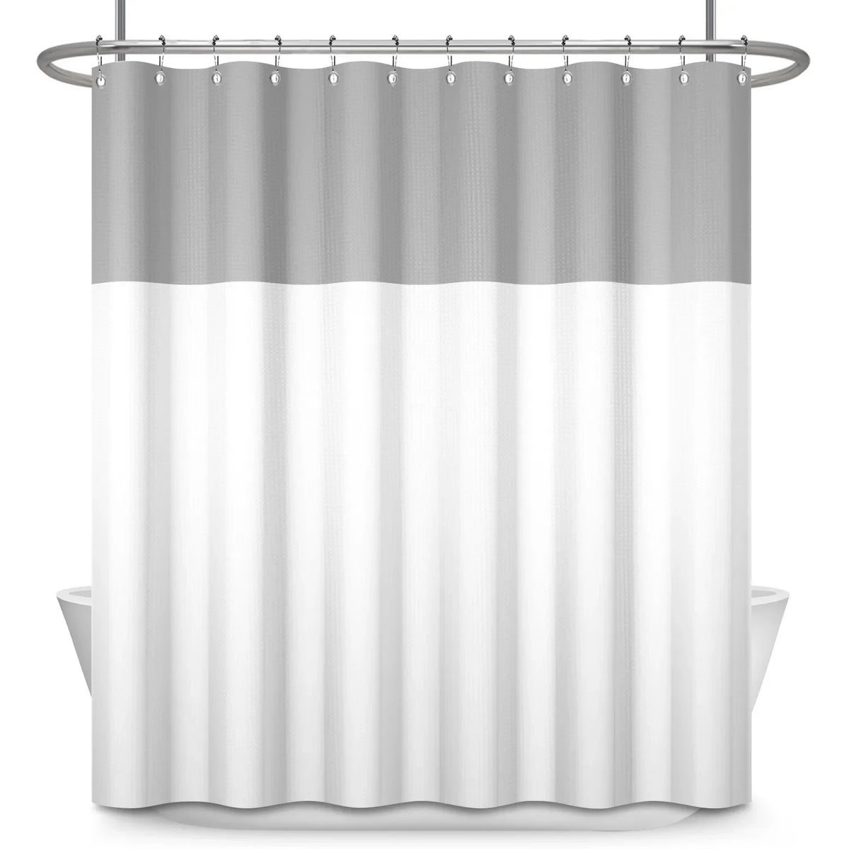 A shower curtain featuring a two-tone geometric stripe pattern of light gray and white.