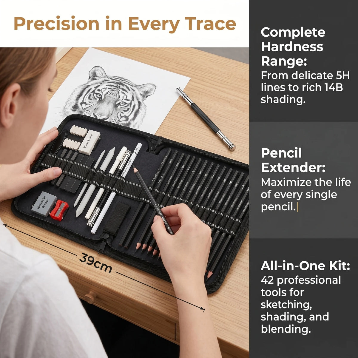 A drawing sketch kit featuring various graphite and charcoal pencils for shading and blending on paper.