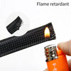 A black braided cable sleeve with a flame retardant material is shown near a lit match.