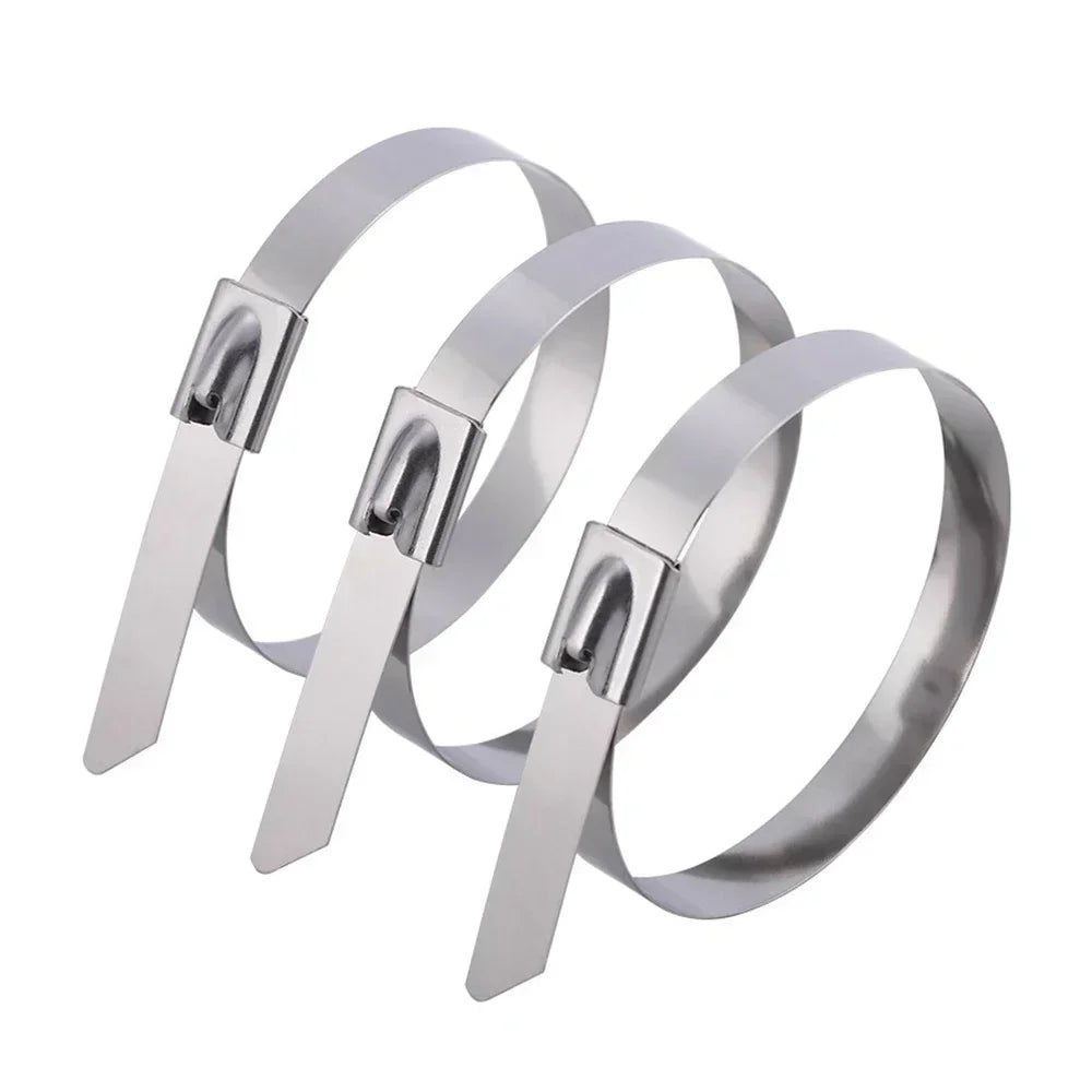A set of heavy-duty stainless steel cable ties or loops for secure fastening.