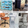 Silicone suitcase wheel protectors in blue and gray used to protect wheels and floors, shown with a desk chair and office cha