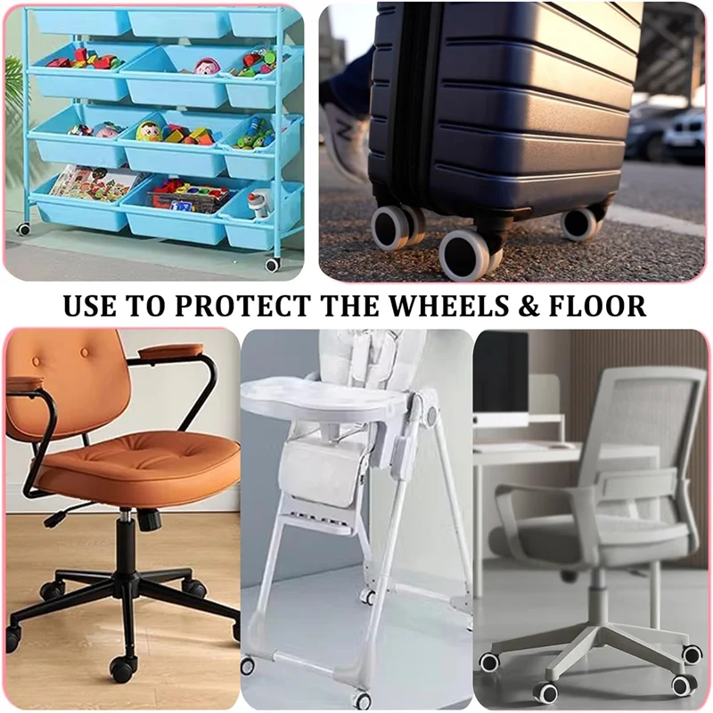 Silicone suitcase wheel protectors in blue and gray used to protect wheels and floors, shown with a desk chair and office cha