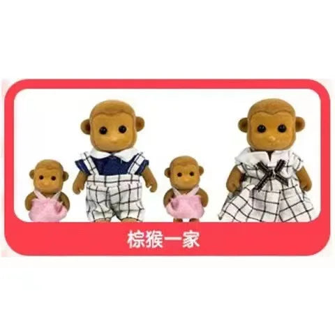 A set of three miniature animal dolls resembling monkeys or apes dressed in clothing.