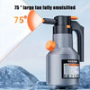 A silver electric foam sprayer with an orange nozzle is shown emitting a 75 degree spray, set against a blue background.