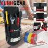Black heavy-duty tool pouch with pockets, belt clip, and tape measure holder attached to a chain.