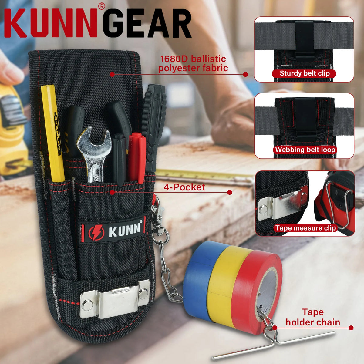 Black heavy-duty tool pouch with pockets, belt clip, and tape measure holder attached to a chain.