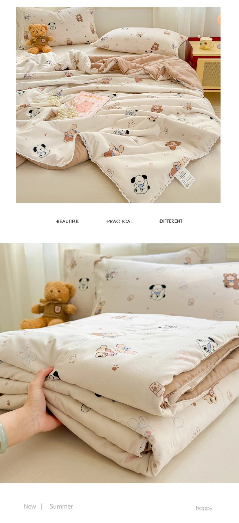 A beige lace-trimmed breathable summer duvet is folded on a bed with pillows and a teddy bear.