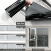 Black silver frosted privacy window film applied to a glass surface, showing interior and exterior views.