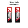 Two red T-shape utility knife blades labeled SK2 and DL-DP30 for replacement.