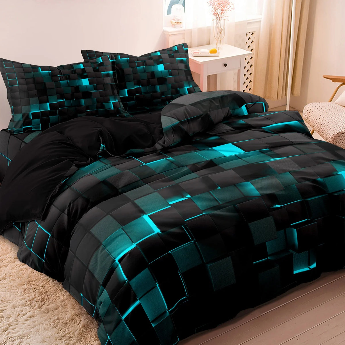 Geometric Grid Print Duvet Cover Set with Pillowcases