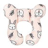 Pink bunny-themed baby car seat head and neck support pillow with safety strap