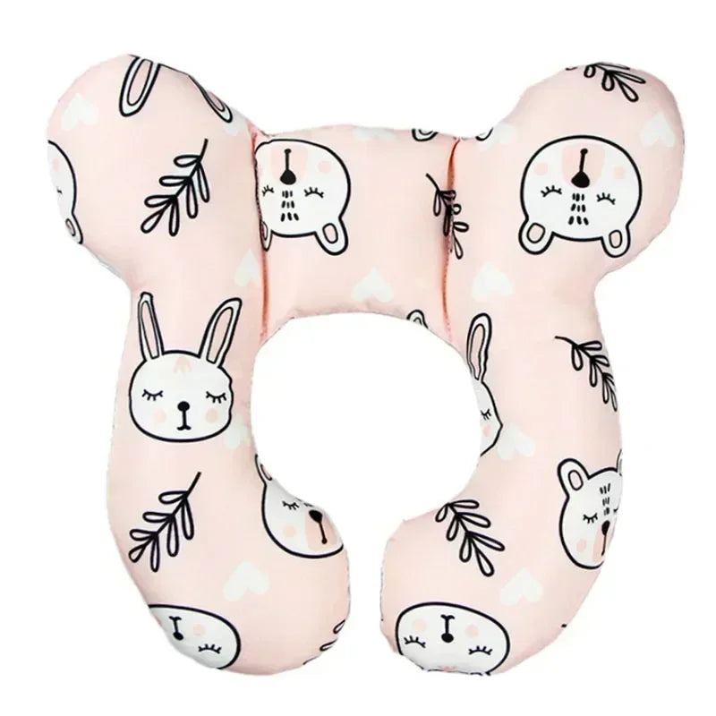Pink bunny-themed baby car seat head and neck support pillow with safety strap