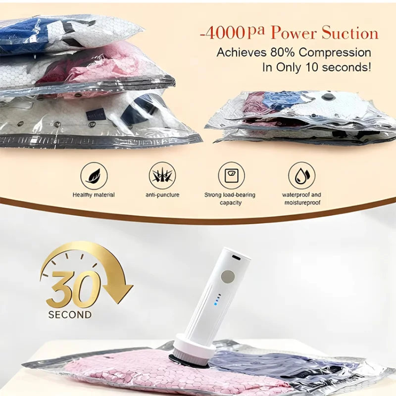 Cordless Compression Travel Vacuum Bags with Rechargeable Pump