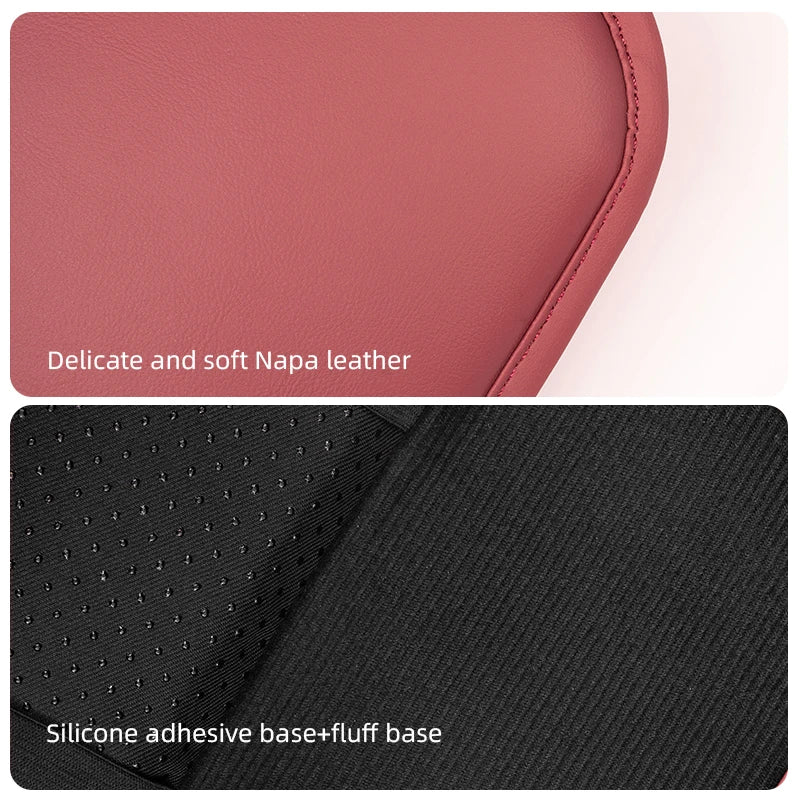 A close-up view of a pink Napa leather armrest mat and a black silicone adhesive base with fluff base.