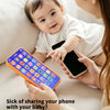 A baby is shown interacting with a colorful educational toy phone designed for first exclusive learning.