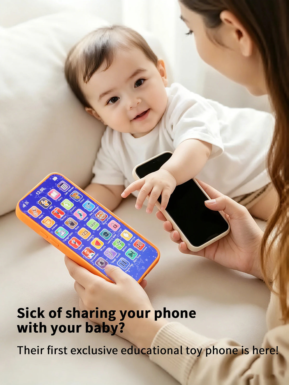 A baby is shown interacting with a colorful educational toy phone designed for first exclusive learning.