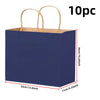 Ten dark blue kraft paper bags with handles shown next to dimension measurements.