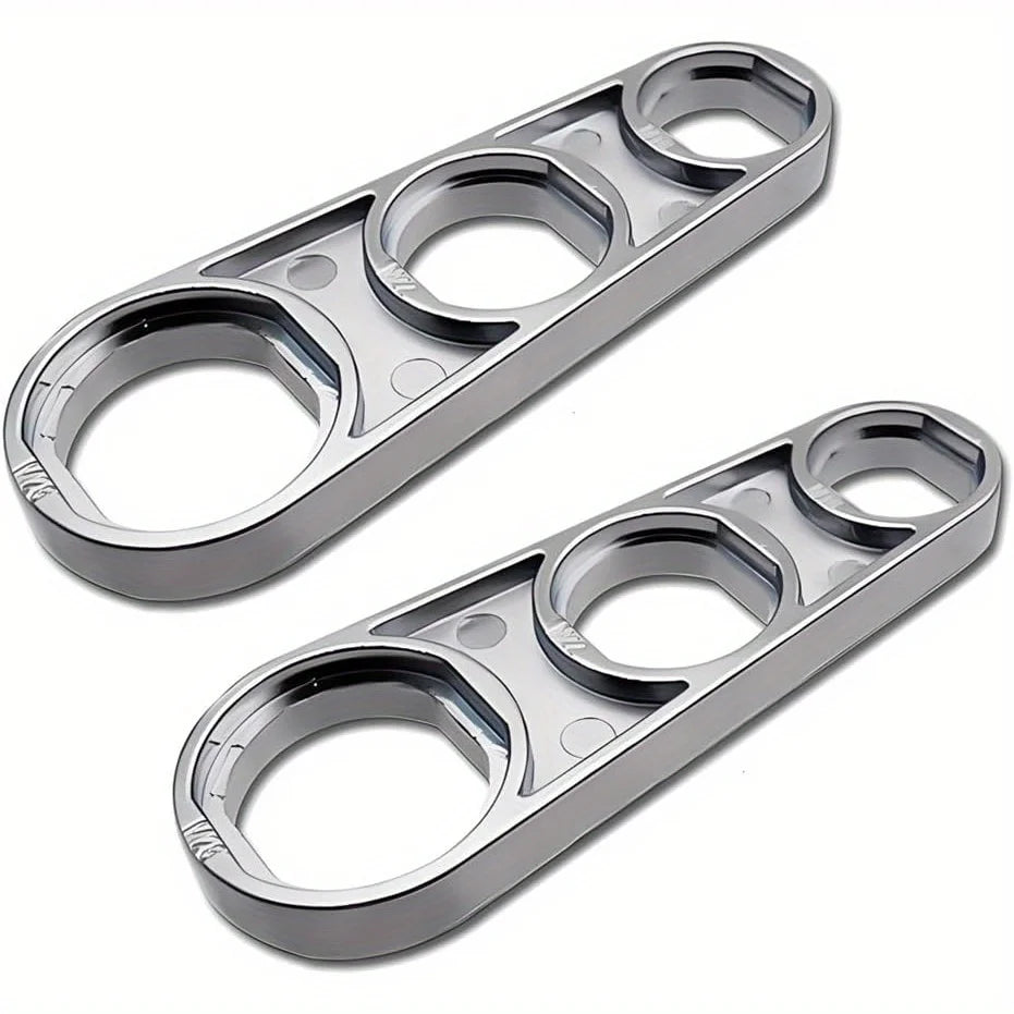 Silver 2-in-1 faucet aerator wrench and bubbler tool with hexagonal openings