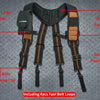 A set of black magnetic tool belt suspenders with breathable padded straps and a removable phone holder.