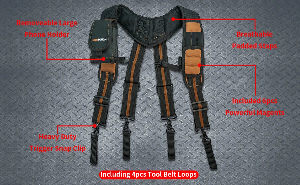 A set of black magnetic tool belt suspenders with breathable padded straps and a removable phone holder.
