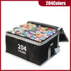 A black storage case filled with 204 alcohol art markers in various colors.