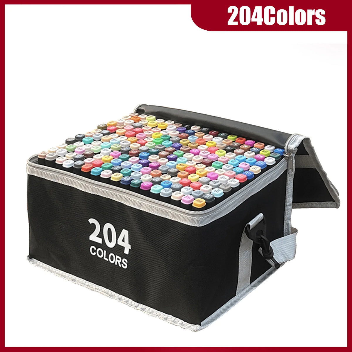 A black storage case filled with 204 alcohol art markers in various colors.
