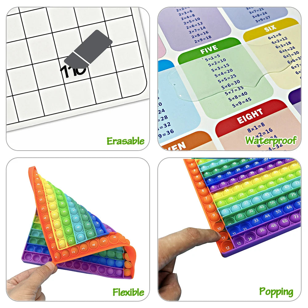 A set of colorful, flexible multiplication practice flashcards with an erasable pen and popping features.