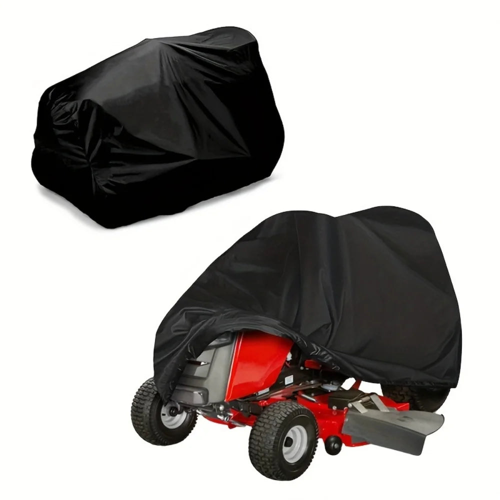A black heavy-duty waterproof yard tractor cover is shown folded and a fully deployed cover over a red tractor.