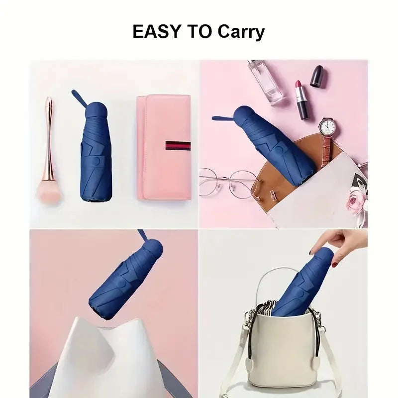 A pink compact 5-fold travel umbrella with UV protection and various accessories shown for easy carrying.