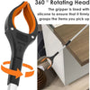 A black and orange extra-long foldable grabber tool with a rotating head is shown gripping an item on a wooden surface.