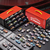 A collection of 48 diecast metal cars packaged in red boxes on a black display board.