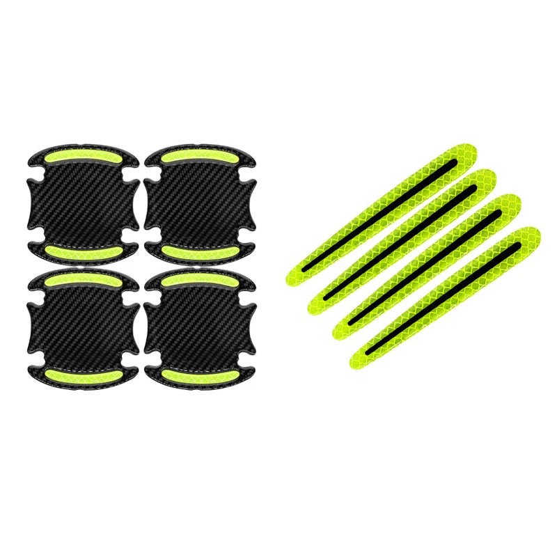 Eight carbon fiber reflective stickers designed to protect car door handles.