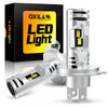 A silver LED light bulb and its housing are shown next to the packaging for OXILAM Q36 Canbus LED Headlight Bulbs.