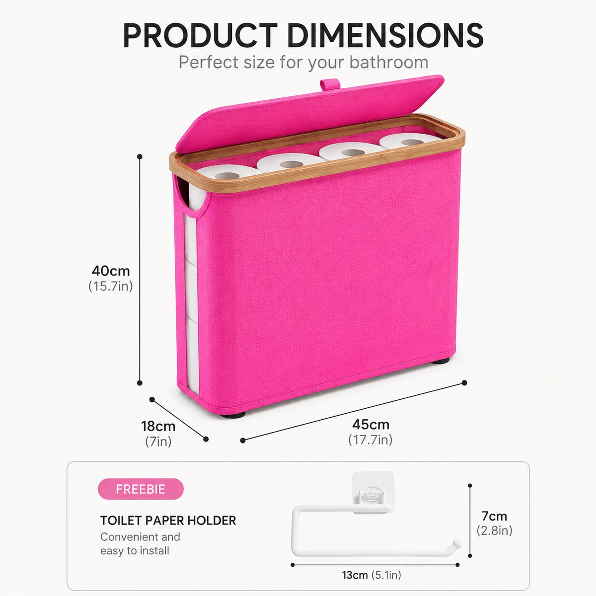 A pink bamboo-framed toilet paper storage basket with a lid and a separate holder shown with dimensions.