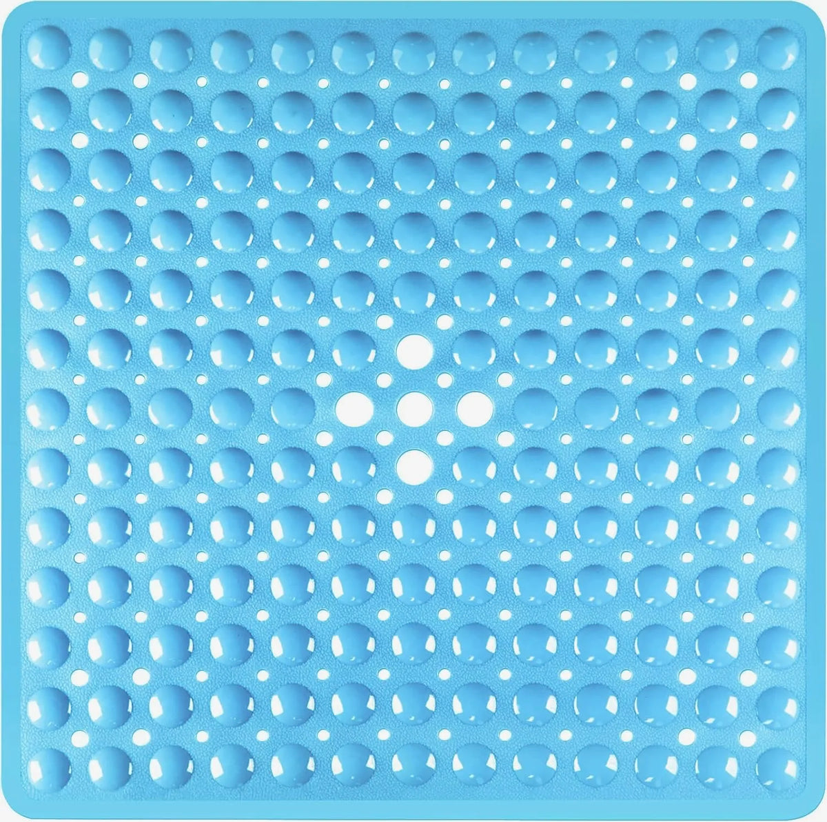 Light blue non-slip shower mat with numerous suction cups for bathtub and bathroom floors