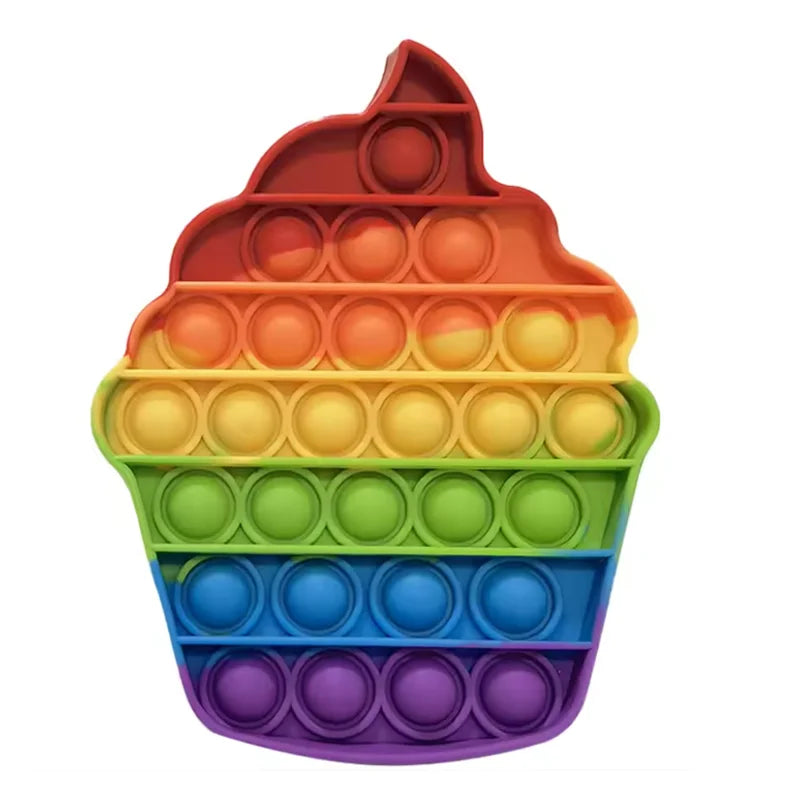 A colorful rainbow-colored pop bubble fidget toy with a wavy, layered design.