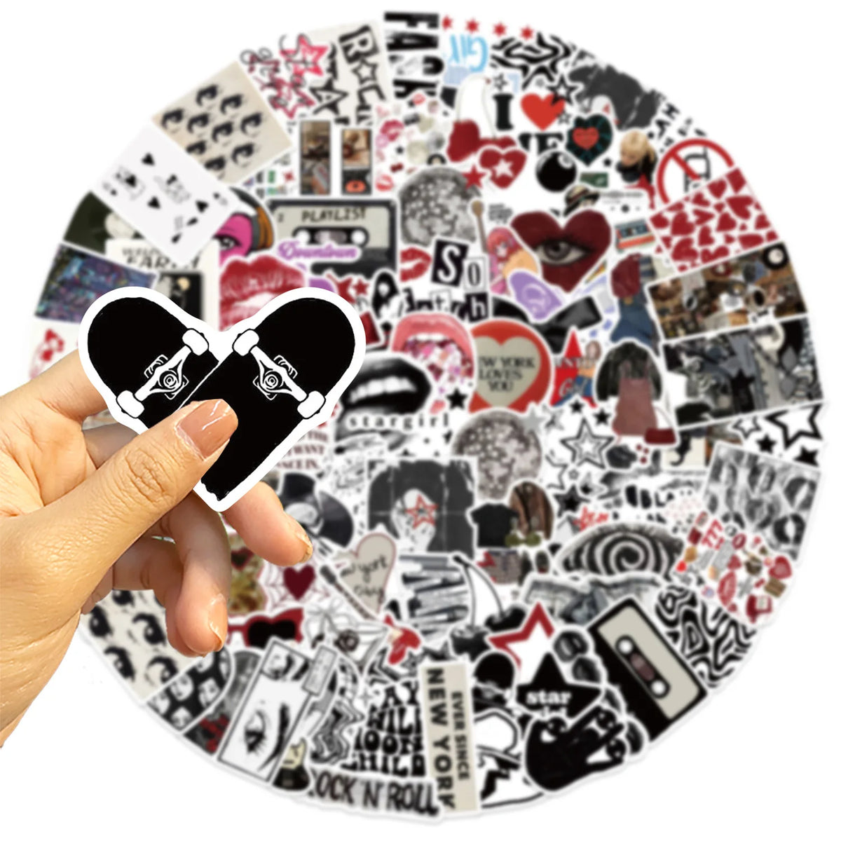 A hand holds a circular collage of Y2K retro graffiti stickers for laptops, phones, and luggage.