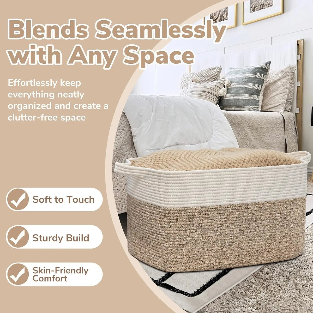 A woven cotton rope storage basket in beige and cream sits on a rug next to a bed.