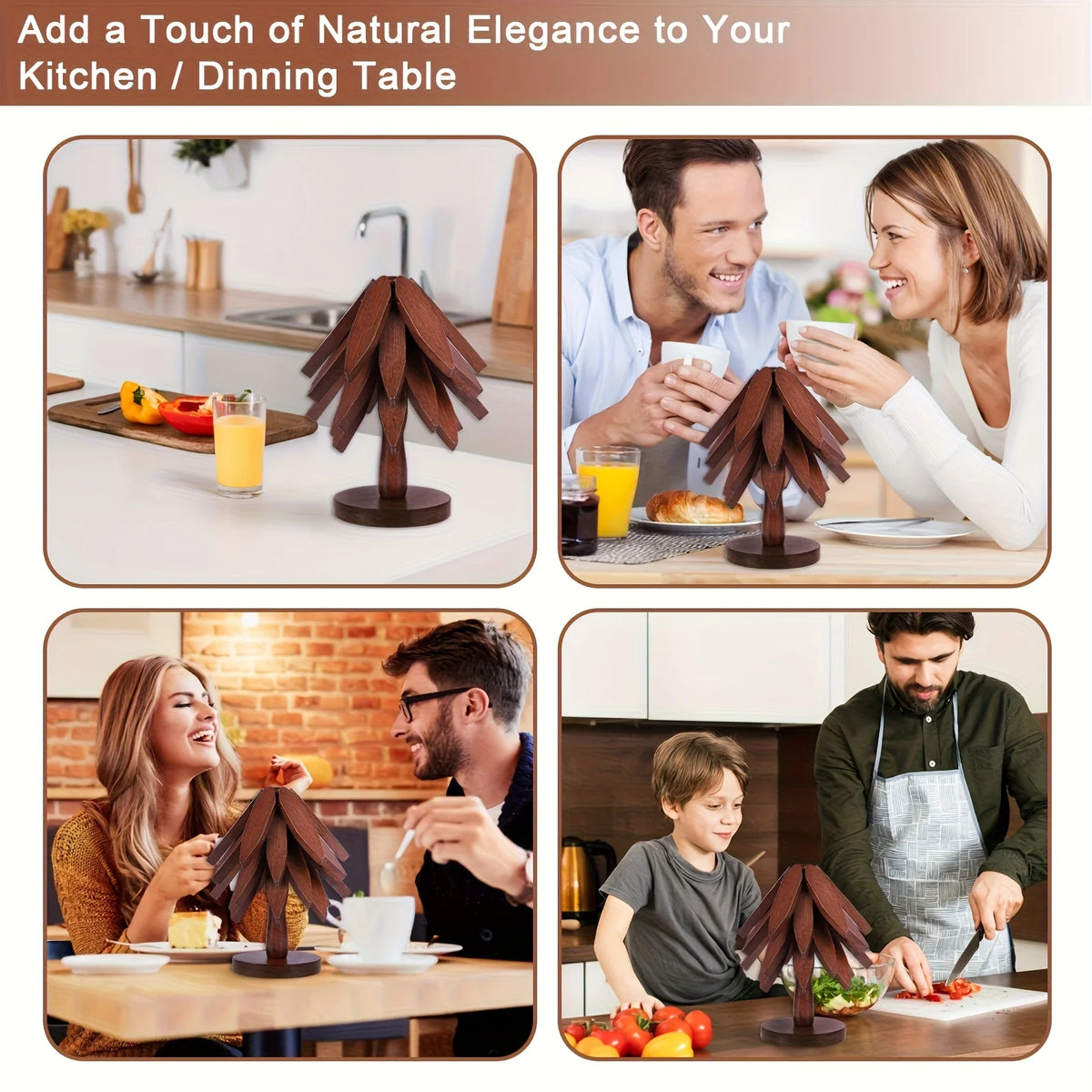 Wooden tree design coasters and folding placemats used for decorating kitchen or dining tables.