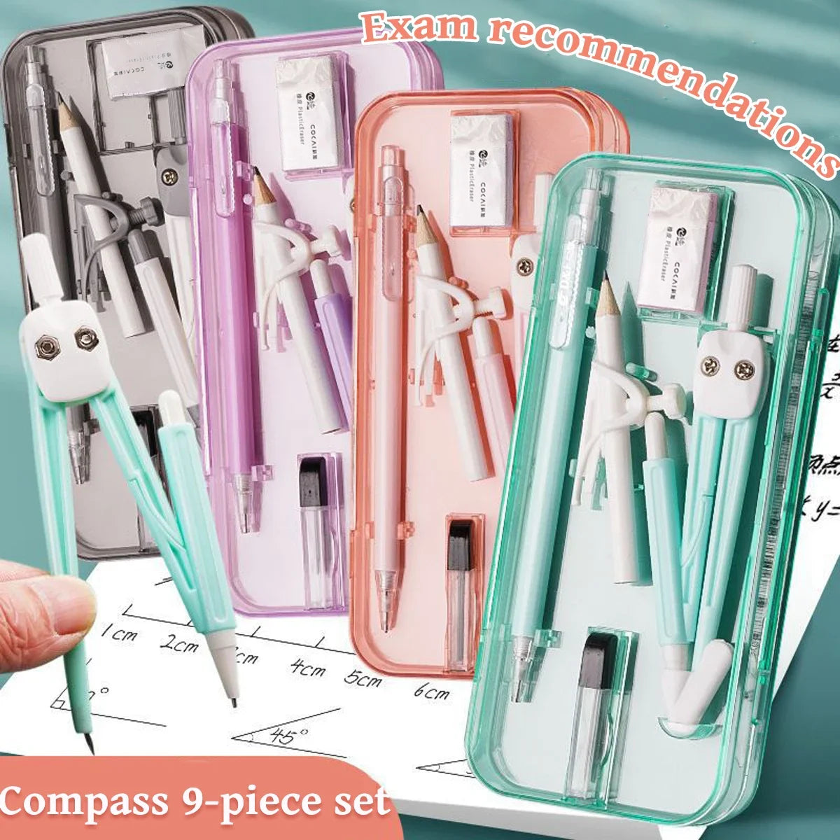 A set of nine geometry drawing tools including compasses, rulers, and pens displayed in clear plastic cases.