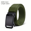 A dark olive green tactical nylon belt with a black metal buckle shown flat.