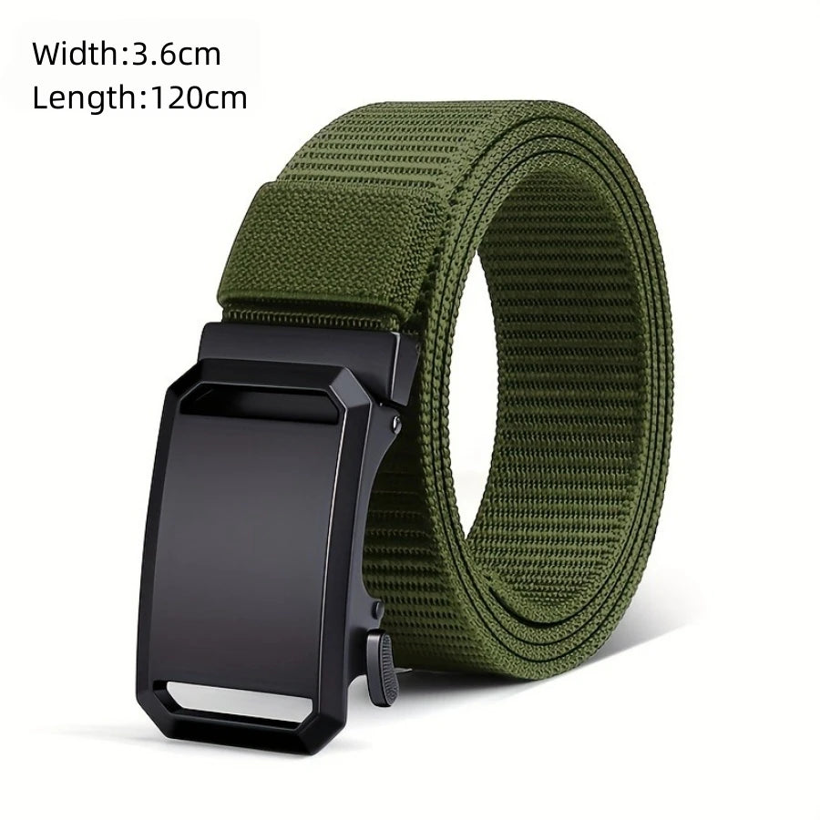 A dark olive green tactical nylon belt with a black metal buckle shown flat.