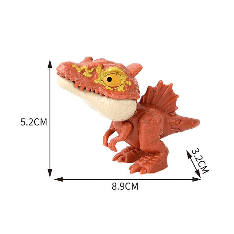 A small, reddish-orange interactive finger biting dinosaur toy featuring a Triceratops or Tyrannosaurus head and body.